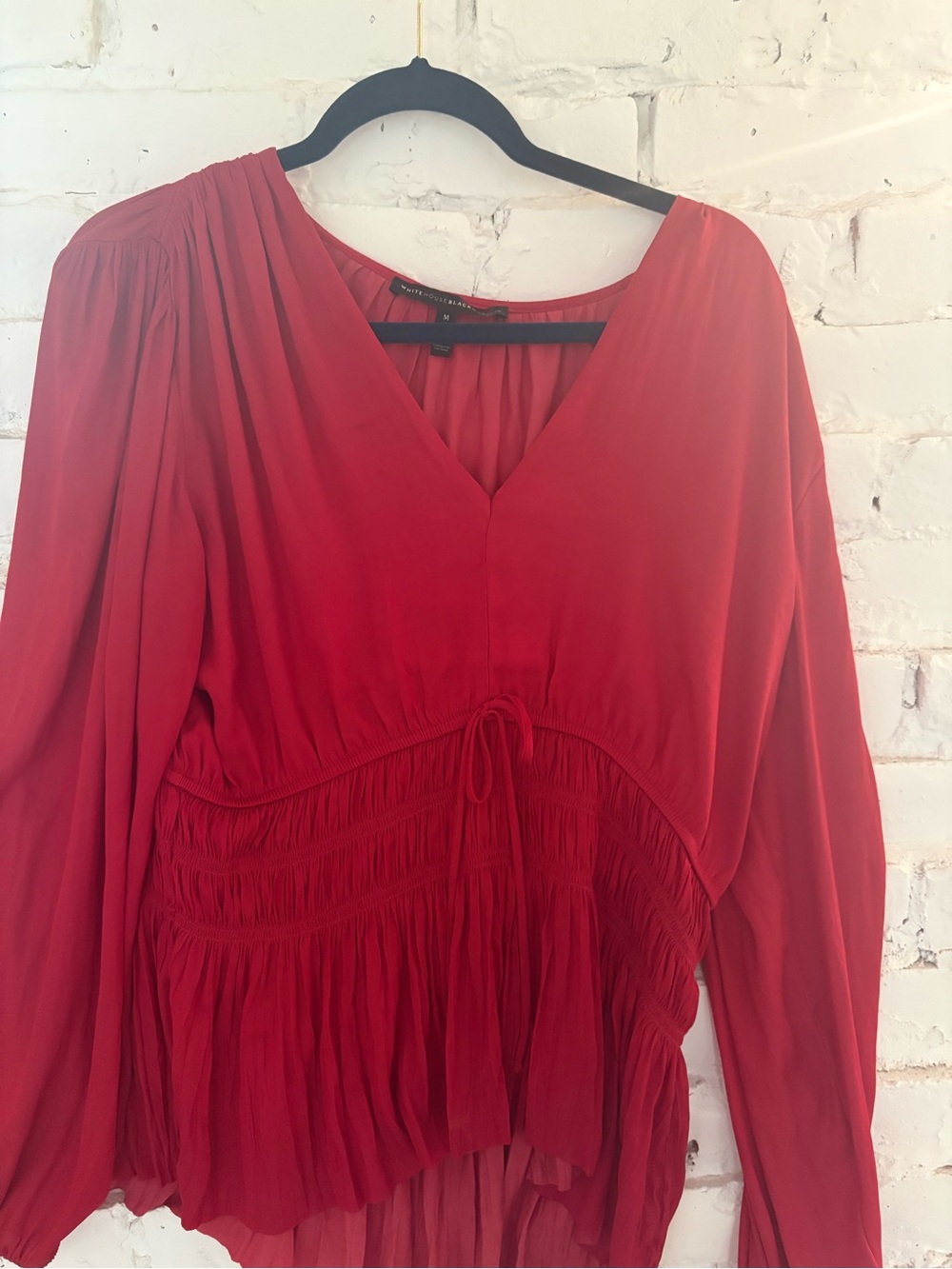 White House Black Market Red V-Neck Long Sleeve Drawstring Waist Dress